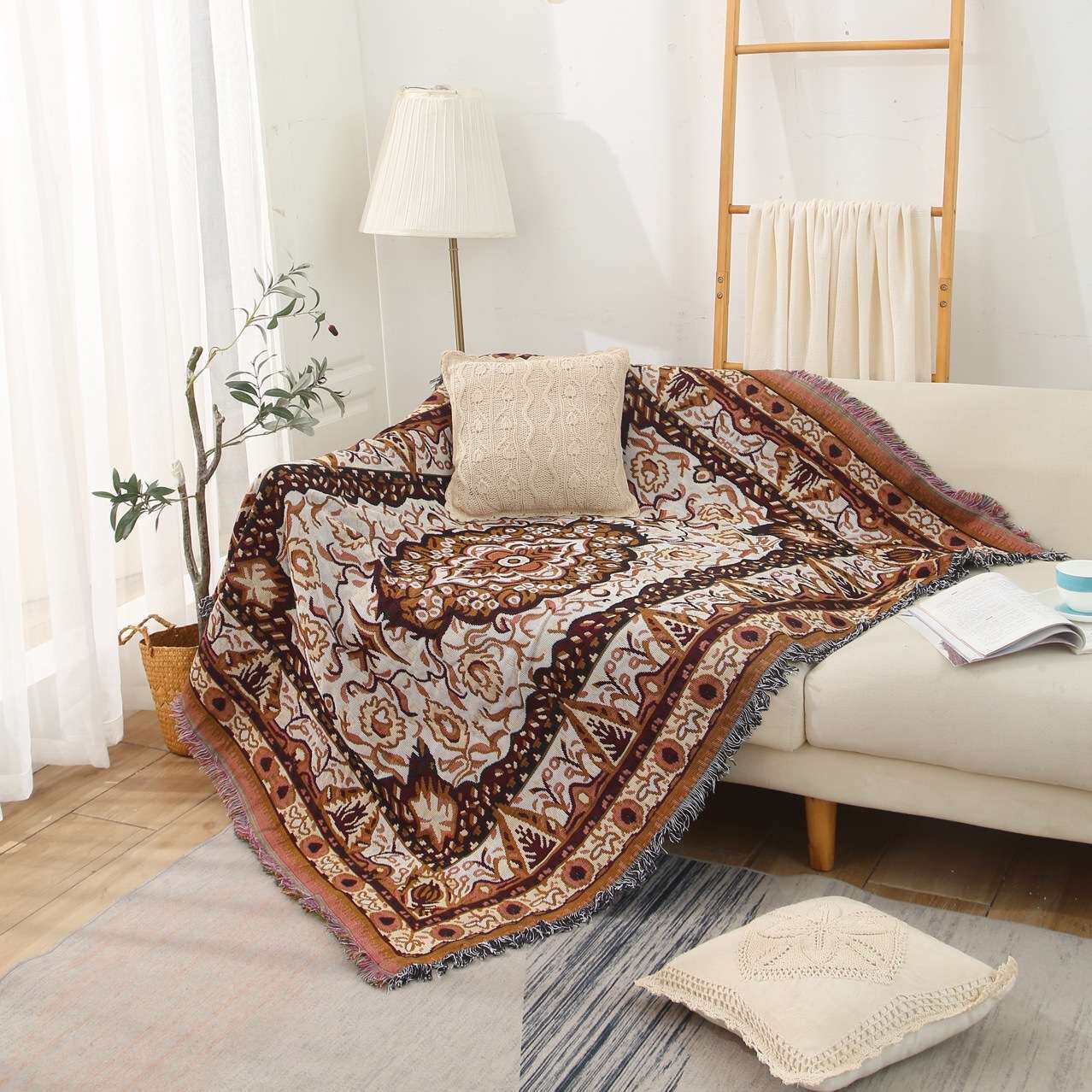 中式几何沙发盖布四季通用毯子流苏线毯提花毛毯