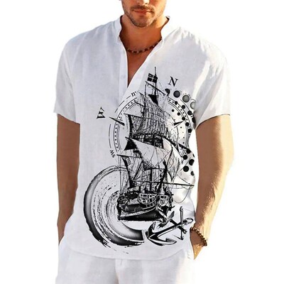 Summer Shirt Mens Henley Short Sleeve ops 3d Compass Graphi