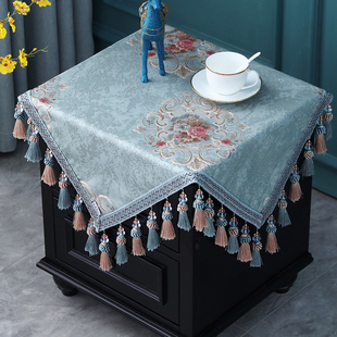 欧式床头柜盖布盖巾正方形蓝色小吊穗家用桌布布艺方桌小方巾