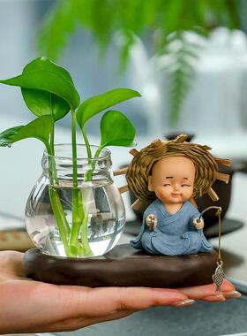 新款草帽和尚水培花瓶办公室工位客厅摆件插花干花绿萝水养植物瓶