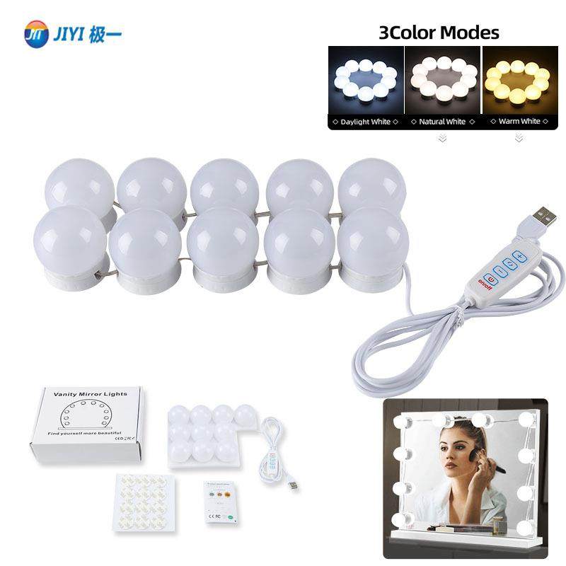 好莱坞镜前灯led化妆灯旋转收线三色调光化妆镜补光灯usb镜子灯泡