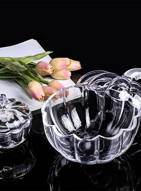 简约水晶玻璃罐带盖南瓜盅糖果罐子首饰透明小收纳盒创意蜡烛容器