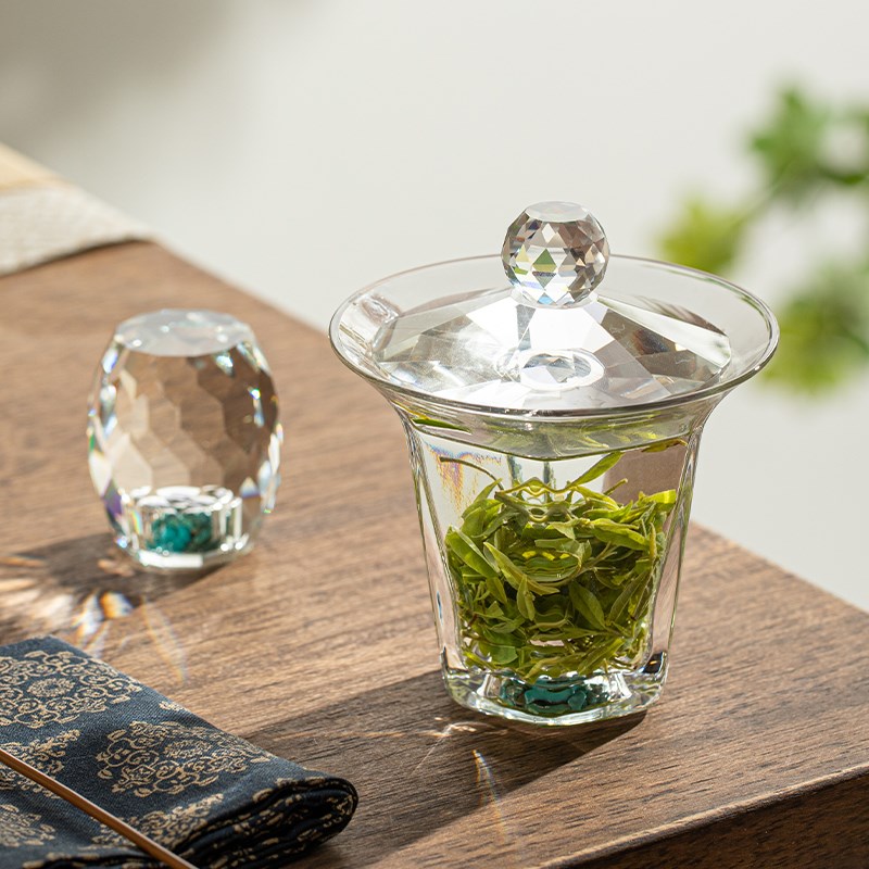 水晶玻璃盖碗茶具套装绿松石盖碗泡茶水晶杯子茶碗带盖置礼盒装