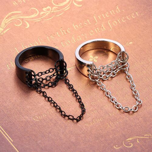 Punk Fashion Black Silver Color Chain Rings Open Adjustable