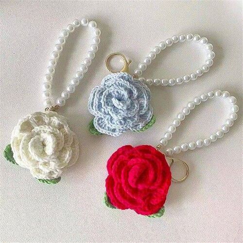 New Crochet Rose Camellia Flowers Keyrings Imitation Pearls