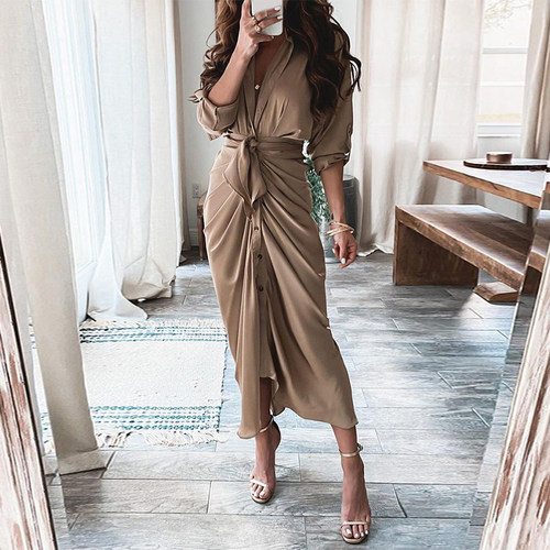 Autumn Beach V-Neck Print Slim Boho Dress Women Fashion