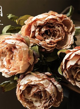 橙色做旧落地仿真花单枝大头牡丹花客厅创意假花干花餐桌装饰摆件