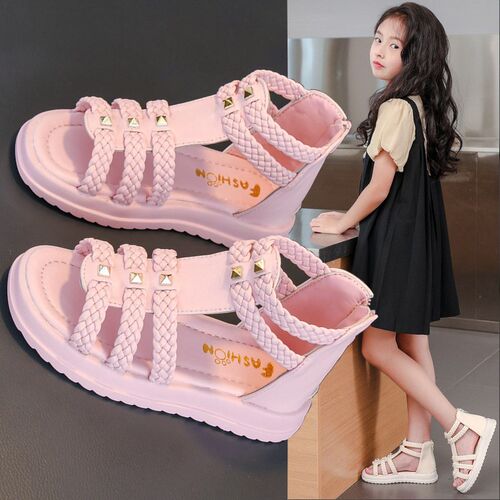 Girls Roman Sandals Open Toe Braided Solid Color High-top Si