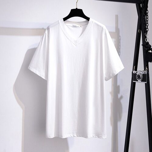 Plus Fat Plus Size Slim Loose Long Short Sleeve V-neck T-shi