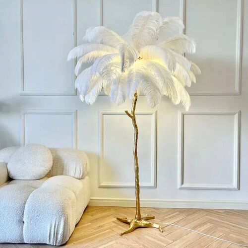 Modern Ostrich Feather Led Floor Lamp Copper Resin Living Ro