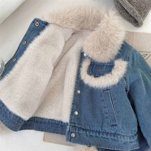 Childrens Sets Girls Fleece-Lined Denim Set Korean Winter