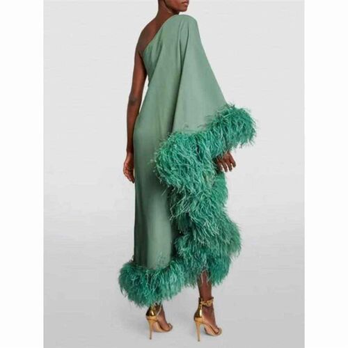 Womens Single Feather Single Shoulder Grand Evening Dress