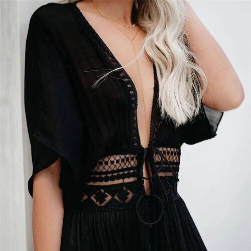 S-3XL Plus Size Women Beach Dress Solid Black White Lace Bea