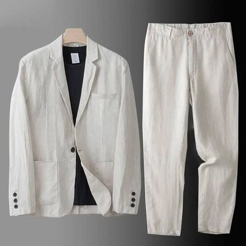 Summer Cotton Linen Blazers Pants Suit Mens Summer Loose Ca