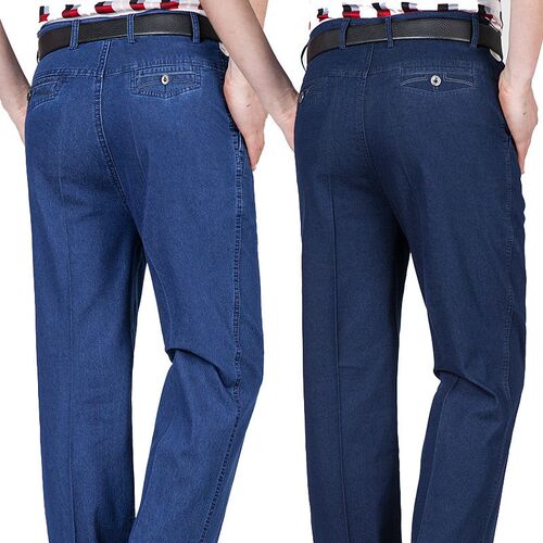 Middle-aged Mens Jeans High Waist Loose Elastic Business Ca