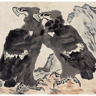 1:1近代 李苦禅 远瞻山河壮 国画水墨画老鹰立轴客厅玄关装饰画