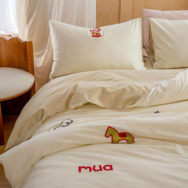 100S贡缎长绒棉全棉四件套可爱毛巾绣刺绣纯棉床上被套床单床笠