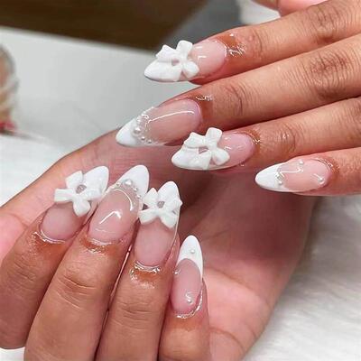 24pcs Short Almond Press on Nails White French Pearl Bow Des