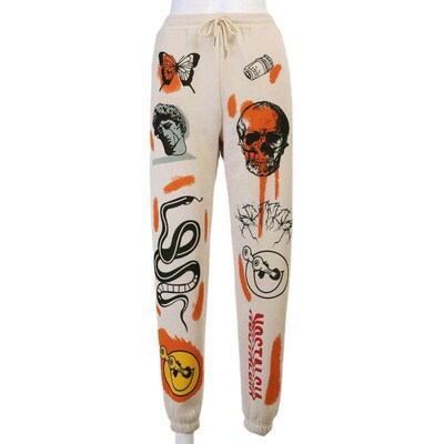 Womens cartoon printed jogging pants, drawstring