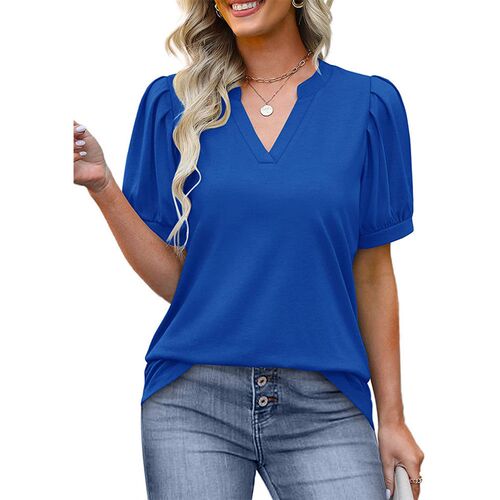 Womens Pleated Puff Sleeve Tops Summer V Neck Tunic Shirts