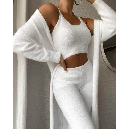 Plush short vest, long pants, three sets for women