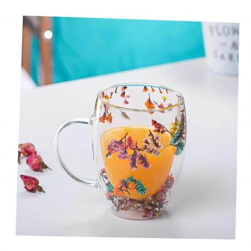 Creative Double Wall Glass Cup Real Flower Conch Flash Fille