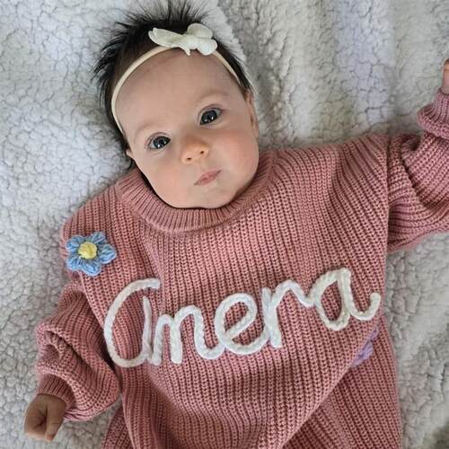 Hand Embroidered Name, Colorful Dots, Childrens Sweater, Pu