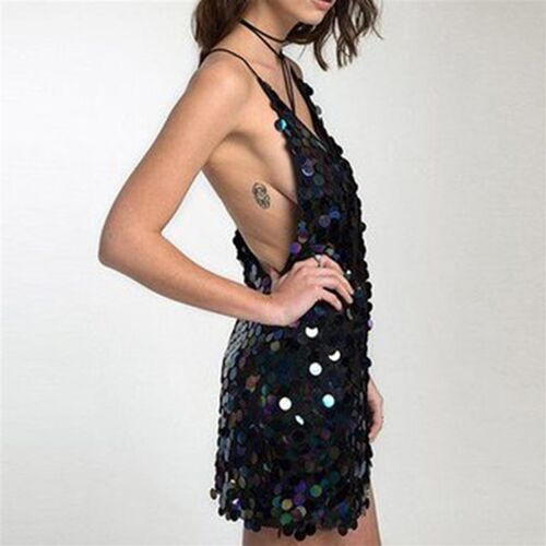 Women Evening Party Dress Backless Glitter Sequins Disco