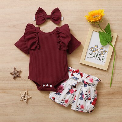 3Pcs Newborn Summer Baby Girls Clothes Set Toddler Button Ro
