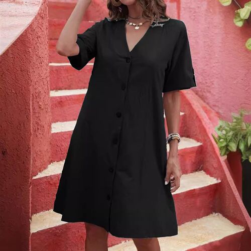 Womens Dress Washed tton Short-sleeved Mid-length Single-br