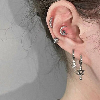 1PCS Silver Color Star Chain Double Ear Hole 316L Stainless