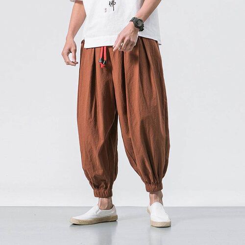 Mens lantern pants, cotton and linen bound leg pants,