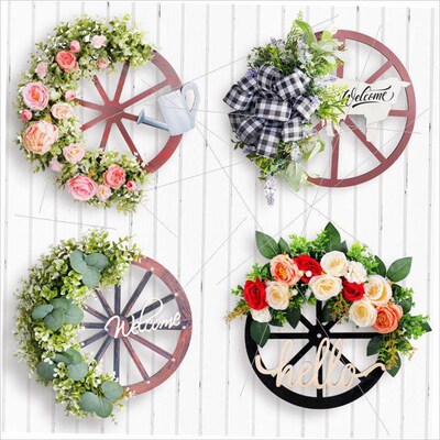 Christmas door hanging wooden roulette wreath车轮花环