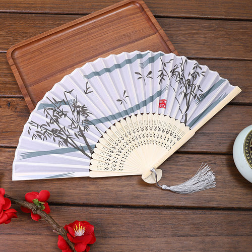 Chinese  Silk Folding Fan Wooden Shank Classical Dance Fan w