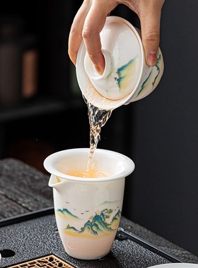 秦艺家用羊脂玉功夫茶具装客厅泡茶壶办公室白瓷盖碗茶杯礼盒装