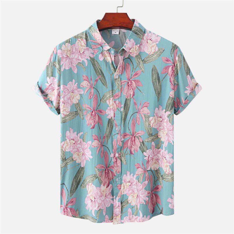 Black Pink Floral Print Beach Aloha Shirts Men Camisa Mascul