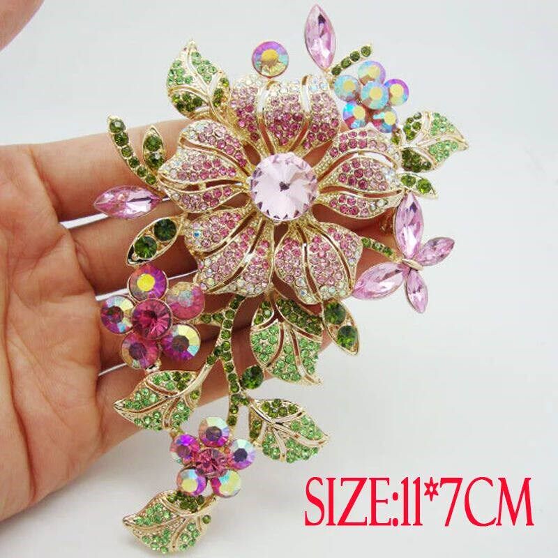 Big New Elegant Pink Crystal Flower Brooch Rhinestone Pin Ro