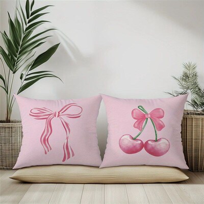 Pink bow cherry pattern printed pillowcase, soft and comfort