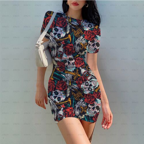 Skull Flower Printing Mini Dress Women Skinny O Neck Short