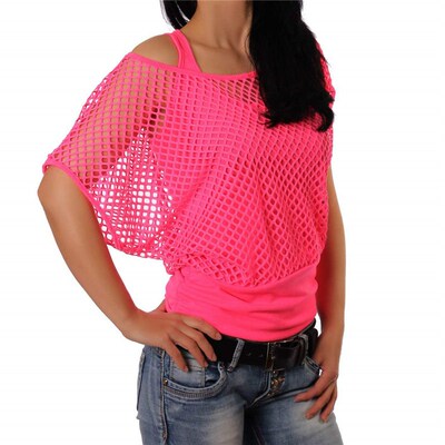 New Mesh Grid Short Sleeve Casual Neon Green Sexy Hollow Out