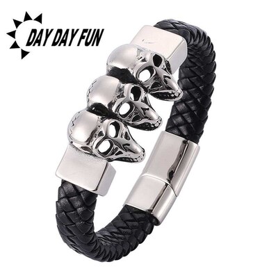 Accessories Woven 3 Skull Leather Brlet Titanium Steel Mens