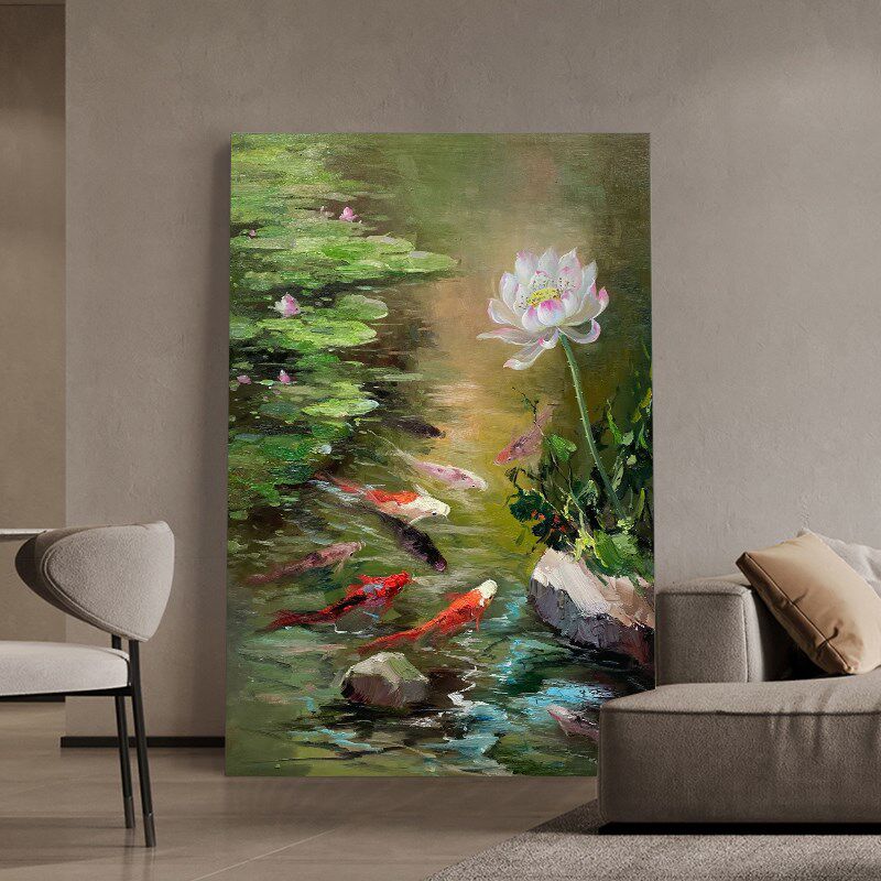 荷花九鱼图手绘油画绿色荷塘鲤鱼锦鲤装饰画客厅挂画玄关肌理画