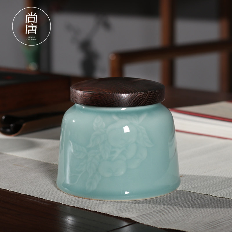 青瓷茶叶罐中式优质茶罐茶仓龙泉陶瓷功夫茶具木盖密封罐家用散茶