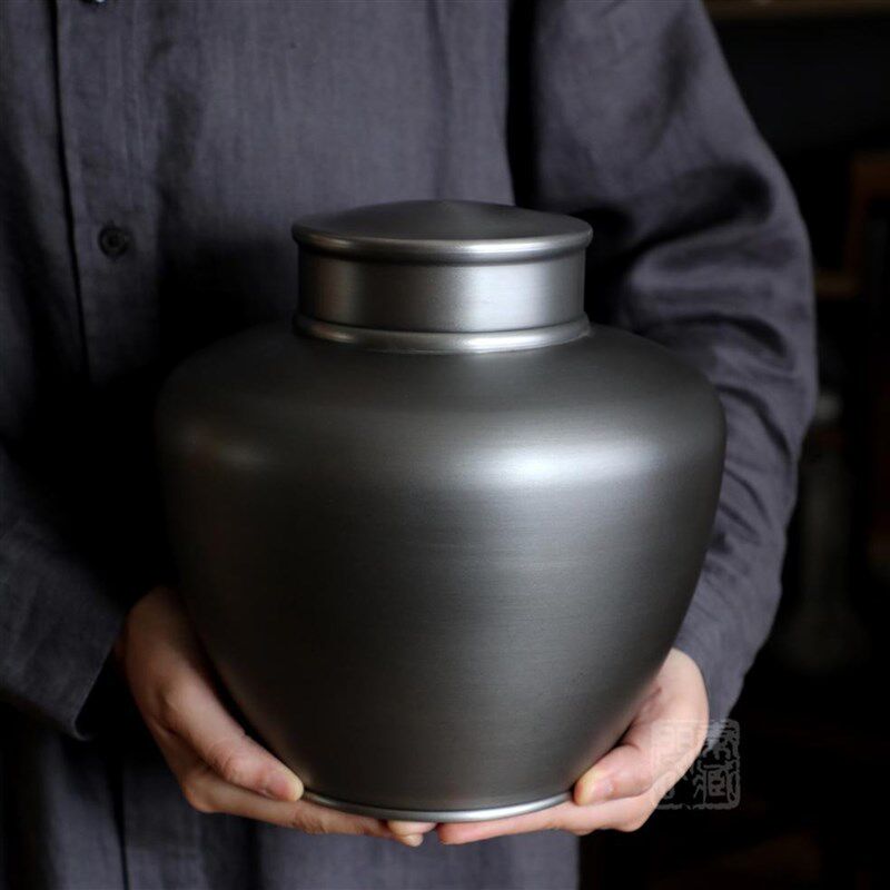 秦藏阁 锡罐大号陶罐型纯锡茶叶罐家用双盖密封做旧存茶罐茶仓入
