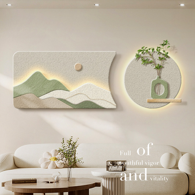 奶油风客厅装饰画小清新绿植发光壁画背有靠山沙发背景墙砂岩挂画