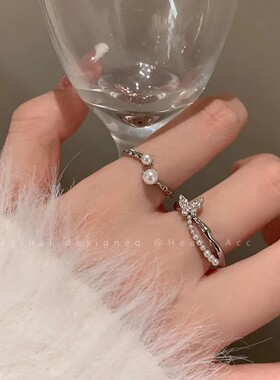 轻奢小众双层叠戴超闪满钻戒指女开口可调节珍珠食指戒指环