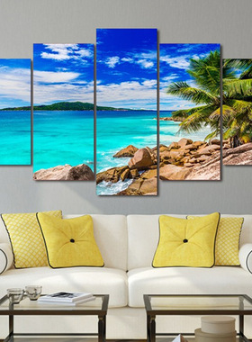 墙画喷绘油画装饰画五联美丽的小岛速卖通wih货源