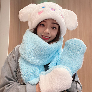 时尚新款达菲熊卡通帽子围巾三件套雪天保暖防风滑雪学生毛绒帽