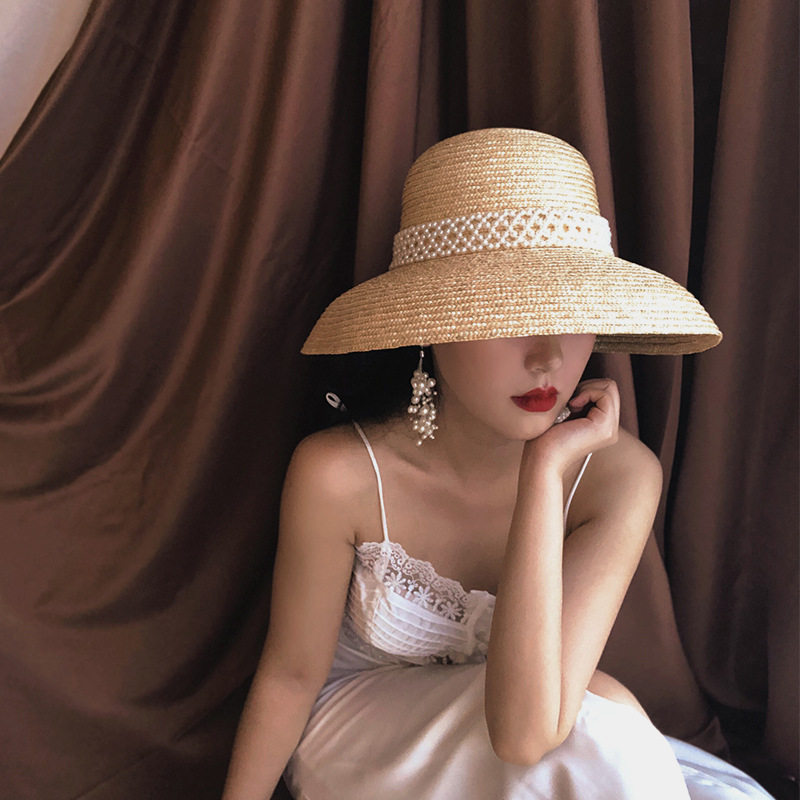 赫本草帽女大檐珍珠麦秆草编织夏季遮脸法式复古海边度假沙滩帽子,服饰配件/皮带/帽子/围巾,防晒帽,淘宝优惠券,粉丝福利购,淘宝优惠卷