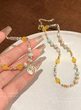 新中式中古风彩色串珠手链女轻奢小众高级感两件套项链锁骨链